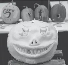  ??  ?? These are some of the jack-o’-lanterns sold at a silent auction at the Reflection­s of Nature show and sale at Prairielan­d Park on Oct. 23.