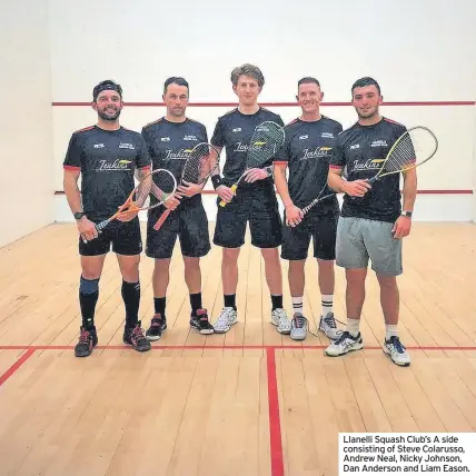 ?? ?? Llanelli Squash Club’s A side consisting of Steve Colarusso, Andrew Neal, Nicky Johnson, Dan Anderson and Liam Eason.