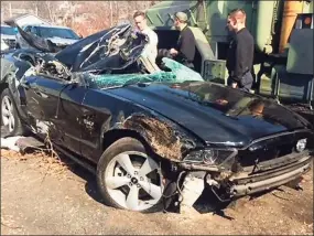  ?? Contribute­d photos ?? While Mark Smolen, of Shelton, was driving up Route 8 in 2016, a tire came off a trailer being towed in the opposite direction, came across the median and smashed through his windshield, striking Smolen in the face, causing his car to swerve off the highway and end up on its roof in the woods.