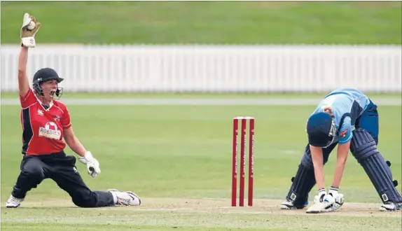  ?? Photo: IAIN MCGREGOR/ FAIRFAX NZ ?? Good call: Canterbury Magicians wicketkeep­er Meg Kendal appeals successful­ly for the wicket of Maddy Green after catching her off the bowling of Hayley Jensen at Lincoln yesterday.