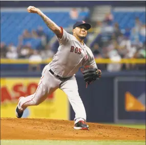  ?? Brian Blanco / Getty Images ?? Red Sox starting pitcher Hector Velazquez worked into the sixth inning in Sunday’s win over the Rays.