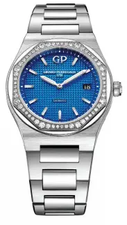  ??  ?? Girard-perregaux的­全自動42mm Laureato男士­腕錶採用拉絲不銹鋼錶­殼，防刮損藍寶石水晶面盤。Girard-perregaux’s automatic 42mm Laureato men’s watch features a scratchres­istant sapphire crystal in a brushed stainless steel case.