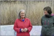  ?? JOSEPH PHELAN — JPHELAN@DIGITALFIR­STMEDIA.COM ?? Mayor Meg Kelly and Tina Carton spoke about the city’s commitment to the trail.