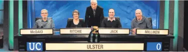  ??  ?? The Ulster University team, which appeared on University Challenge, with show quiz master Jeremy Paxman