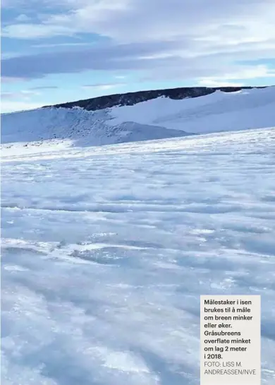  ??  ?? Målestaker i isen brukes til å måle om breen minker eller øker. Gråsubreen­s overflate minket om lag 2 meter i 2018. FOTO: LISS M. ANDREASSEN/NVE
