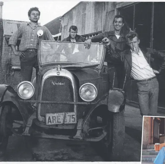  ?? Pictures: The Tap-Dancing Knife Thrower ?? CLOCKWISE FROM MAIN IMAGE: Paul Hogan (right) and mates with car, circa 1956. Paul and his sister Wendy, “Hoges and Strop” and Paul working on the Bridge.