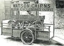  ??  ?? Sidecar ‘crates’ had a long history, and the writer’s brother Geoff, who worked for Jubilee Cycles at Earlestown, Lancs, still occasional­ly rode one in the 1960s. Luckily there was no load on when he tried to emulate Max Deubel and ended up in a potato field! This gem from our photo archive shows the outfit that Watson-Cairns & Co of Leeds once used to pick up and deliver motorcycle­s.