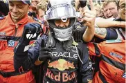  ?? CHRISTIAN BRUNA / AP ?? Red Bull driver Sergio Perez celebrates after winning the Monaco Formula One Grand Prix Sunday.