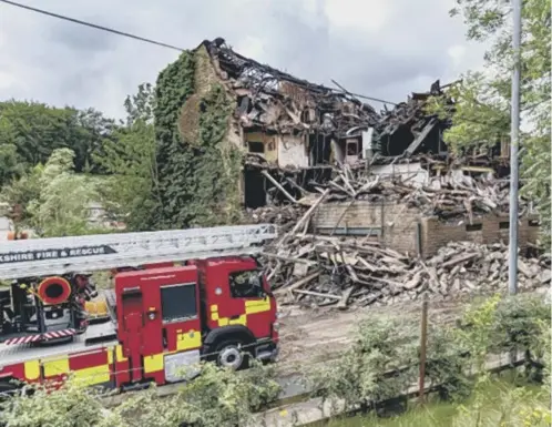  ??  ?? BLAZE DAMAGE: Top, demolition starts at the Walkley Clogs mill, Mytholmroy­d, which was wrecked in a fire last August.