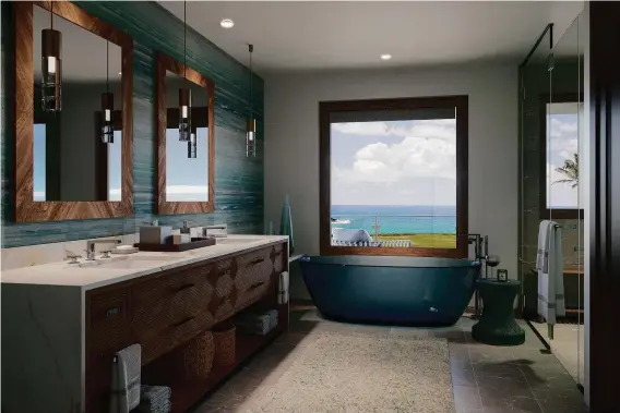  ?? STEELBLUE ?? Dual vanities and a freestandi­ng soaking tub accent the spa-like master bathrooms at Laola Nani.