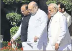  ?? ARVIND YADAV/HT PHOTO ?? Prime Minister Narendra Modi and BJP President Amit Shah after attending the parliament­ary party meeting in New Delhi on Tuesday.