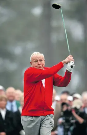  ?? ANDREW REDINGTON/Getty Images ?? Arnold Palmer, seen here last year teeing off as the honorary starter at the Masters,
remains a unique legend in the sport of golf.