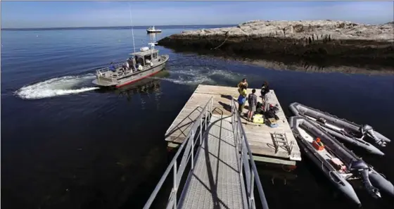  ?? CHARLES KRUPA, THE ASSOCIATED PRESS ?? Researcher­s prepare to dive for seaweed samples as a ferry back to New Castle, N.H. departs from Appledore Island, Maine.