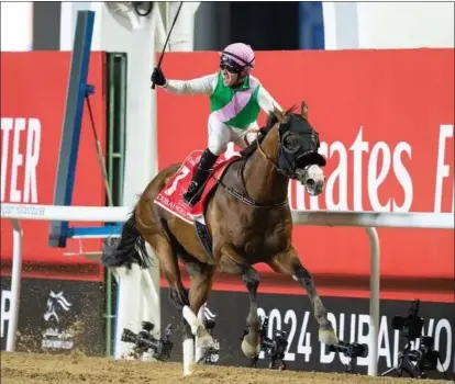  ?? Picture: Dubai Racing Club ?? ROMP. Laurel River, ridden by Tadhg O’Shea, coasted to a start-to-finish 8.50-length victory in Saturday’s Dubai World Cup at Meydan Racecourse on Saturday.
