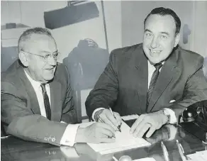  ??  ?? Along with Toe Blake, right, T.P. Gorman was instrument­al in helping transform the Montreal Canadiens from a dying franchise into an NHL powerhouse.