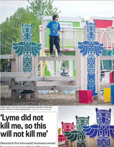  ?? PHOTOS: ASHLEY FRASER ?? Children play on the new structures at Mooney’s Bay Park, which have drawn criticism of cultural appropriat­ion.