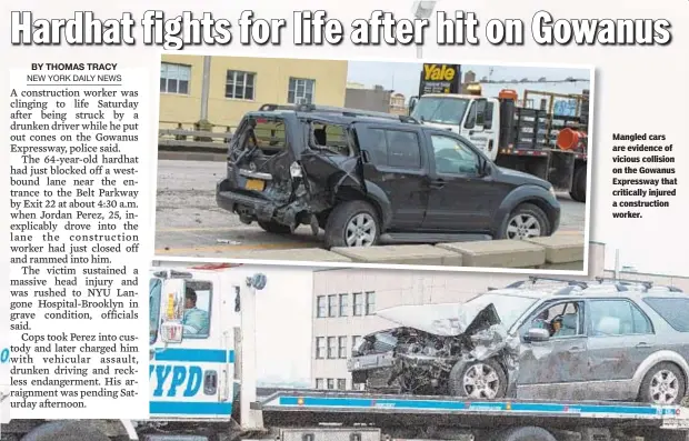  ??  ?? Mangled cars are evidence of vicious collision on the Gowanus Expressway that critically injured a constructi­on worker.