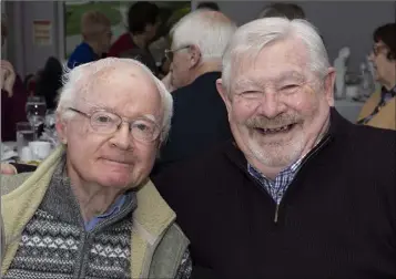  ??  ?? John Donovan and Billy Gill enjoying the annual Kilrane-Rosslare Harbour senior citizens party in Hotel Rosslare.