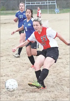  ??  ?? Lakeview’s Astrid Cantrell sends a shot toward goal during last week’s victory at Rossville Middle School. (Photo by Scott Herpst) Lakeview boys 10, Lakeview girls 10, Rossville 0 Rossville 0 LaFayette 13, Saddle Ridge 1 Ringgold 13, Rossville 2