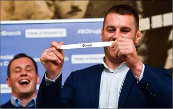  ??  ?? Leinster’s Sean O’Brien pulls Gorey RFC from the drum during the Towns Cup draw last weekend.