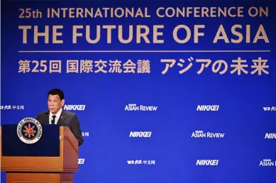  ??  ?? Philippine President Rodrigo Duterte delivers a speech during the 25th Internatio­nal Conference on the Future of Asia in Tokyo on May 31, 2019. (AFP)