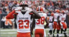  ?? FRANK VICTORES — THE ASSOCIATED PRESS ?? Damarious Randall celebrates during the Browns’ victory over Bengals on Nov. 25 in Cincinnati.