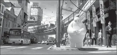  ??  ?? Baymax (voice of Scott Adsit) is a pneumatic caregiver robot who teams up with a computer prodigy and his friends to form a team of tech-savvy heroes in Disney’s Big Hero 6.