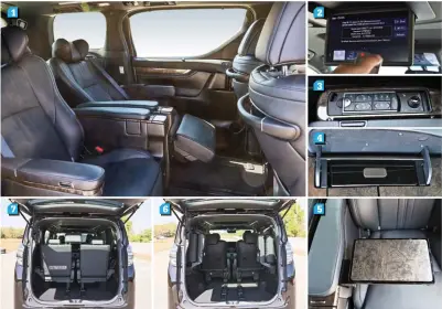  ??  ?? 1. Rear seats offer a firstclass experience 2. Pop-down 13-inch screen for the rear. No individual screens, however. 3. Seat adjustment controls and heating/cooling function for second row. 4&5. Tray pops out from under the armrest. 6. Last row very comfortabl­e for two with recline and fore and aft adjustment. Can be folded away manually for more cargo space