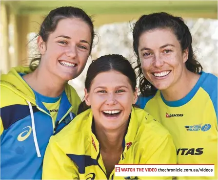  ?? PHOTO: NEV MADSEN ?? HOMECOMING: On their visit to Fairholme College yesterday are (from left) Dominique du Toit, Demi Hayes and Emilee Cherry of the Australian Rugby Sevens team.