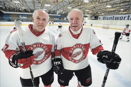  ??  ?? Bill Boyko, 76, left, and Rick Burt, 79, are members of the Hamilton Old Wings. They started the team and play with their sons now.