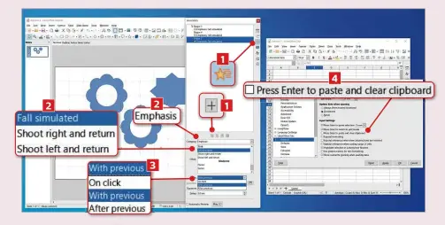  ??  ?? 1 To add a physics-based animation to an object in Impress, click the Animation button on the right (or press Ctrl+f5), select the object you want to animate, then the ‘+’ button.
2 Now select Emphasis in the Category menu. In the Effect dropdown box scroll down to the Exciting heading, then select ‘Fall simulated’ or one of the ‘Shoot left/right and return’ options.
3 You can now repeat the process on other objects. To start the animation for each at the same time, set the Start option for the first object to ‘On click’ and the rest to ‘With previous’.
4 To avoid accidental­ly pasting the contents of your clipboard in Calc, select the Tools menu, Options, Libreoffic­e Calc, General, then untick ‘Press Enter to paste and clear clipboard’.