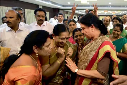  ?? PTI ?? V.K. Sasikala visits her party MLAs, who have been staying at a resort in Koovathur, East Coast Road, near Chennai. —