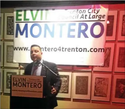  ?? SULAIMAN ABDUR-RAHMAN — THE TRENTONIAN ?? Elvin Montero announces his candidacy for an at-large Trenton City Council seat during a campaign kickoff at Trenton Social on Thursday, Dec. 21, 2017.