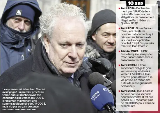  ?? PHOTO D’ARCHIVES, MARTIN ALARIE ?? L’ex-premier ministre Jean Charest avait gagné un premier procès au terme duquel Québec avait été condamné à lui verser 385 000 $. Il réclamait maintenant une somme additionne­lle de 717 000 $, mais n’a pas eu gain de cause.