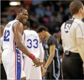  ?? CHUCK BURTON — THE ASSOCIATED PRESS ?? The 76ers’ Elton Brand, left, reacts after getting called for a technical foul by referee Scott Twardoski, right, during a game against the Charlotte Hornets April 2016. Brand was in his second tenure with the Sixers.