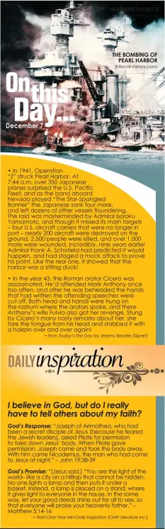  ?? • In 1941, Operation
“Z” struck Pearl Harbor. At
7:44 a.m. over 350 Japanese planes surprised the U.S. Pacific
Fleet, and as the band aboard
Nevada played “The Star-Spangled Banner” the Japanese sank four more, and left dozens of other vessels flounde ?? ─ from MARLENE DIETRICH
(httpsi.pinimg.com) THE BOMBING OF
PEARL HARBOR (httpcdn.history.com)
by Jeremy Beadle (Signet)
(OMF Literature Inc.)