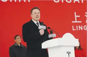  ?? (Aly Song/Reuters) ?? TESLA CEO Elon Musk speaks at the ceremony for Tesla’s Shanghai Gigafactor­y.
