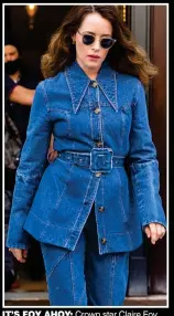  ?? ?? IT’S FOY AHOY: Crown star Claire Foy flies the flag for double denim in New York