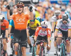  ?? Picture: GETTY IMAGES ?? Patrick Bevin celebrates after winning stage two of the Tour Down Under in Norwood.