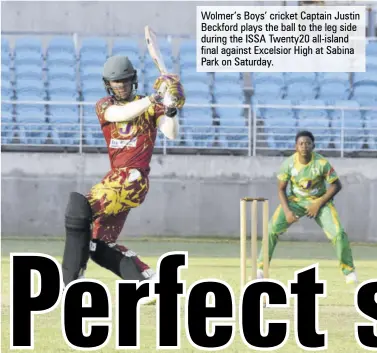  ?? ?? Wolmer’s Boys’ cricket Captain Justin Beckford plays the ball to the leg side during the ISSA Twenty20 all-island final against Excelsior High at Sabina Park on Saturday.