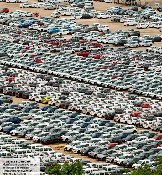  ??  ?? VISIBLE SLOWDOWN
Manufactur­ers saw inventorie­s pile up as sales crashed. Pictured: Maruti’s Manesar plant on July 30, 2019