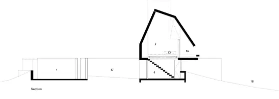  ??  ?? Opposite, top: The outdoor terrace along the southern part of the house connects the three main areas on the upper level. The glazed doors can slide open to create one large open-air space. Opposite, bottom: A view of the house from the courtyard. Fifteen-centimetre-wide window slits allow the residents to discreetly observe the main street.Page 96-97: A view of the house from the south. The lowest part of the roof hangs just under 1.2 metres above the terrace, prompting one to sit down to enjoy the view.