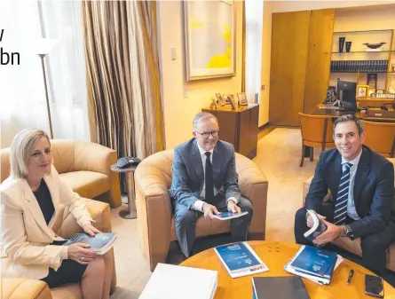  ?? Picture: Martin Ollman ?? Prime Minister Anthony Albanese meets with Treasurer Jim Chalmers and Finance Minister Katy Gallagher in his office yesterday on the eve of his government’s first budget.