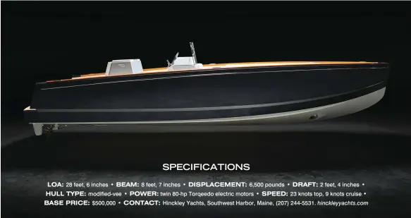  ??  ?? SPECIFICAT­IONS LOA: 28 feet, 6 inches t #&"M 8 feet, 7 inches t %*41-"$&M&/5 6,500 pounds t %3"'5 2 feet, 4 inches t )6-- 5Y1& modified-vee t 108&3 twin 80-hp Torqeedo electric motors t 41&&% 23 knots top, 9 knots cruise t #"4& 13*$& $500,000 t $0/5"$5...