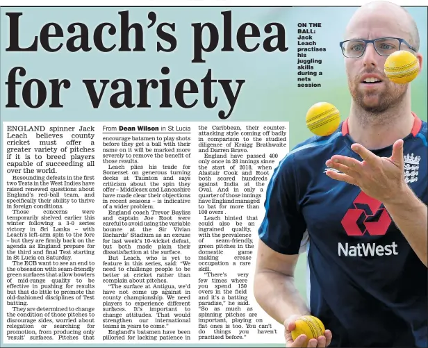  ??  ?? ON THE BALL: Jack Leach practises his juggling skills during a nets session