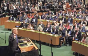  ??  ?? President Donald Trump speaks during the United Nations General Assembly at U.N. headquarte­rs last September. Trump makes his second address to the U.N. at this year’s gathering. SETH WENIG/AP