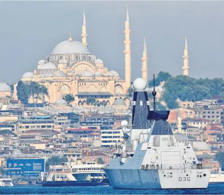  ?? REUTERS ?? British Royal Navy’s Type 45 destroyer HMS Defender arrives for a port visit in Istanbul, Turkey, on June 9.