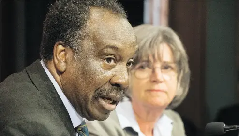  ?? PETER J. THOMPSON / NATIONAL POST ?? Law professor Patrick Case, left, and veteran public servant Suzanne Herbert unveil their review of the York Region District School Board on Tuesday, finding a board “consumed by infighting.”