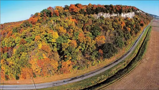  ?? ALAN PIEL/FLYIN HIGH PHOTOGRAPH­Y ?? With fall foliage surroundin­g the limestone outcrops, cars travel along Bluff Road near Prairie du Rocher in Randolph County.