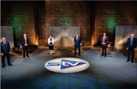  ?? Picture: Kirsty Anderson ?? From left to right: Patrick Harvie, Douglas Ross, Nicola Sturgeon, debate host Colin Mackay, Anas Sarwar and Willie Rennie